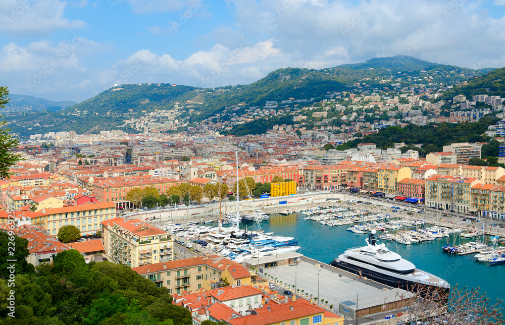 Scenic view from above of port area, Nice, France