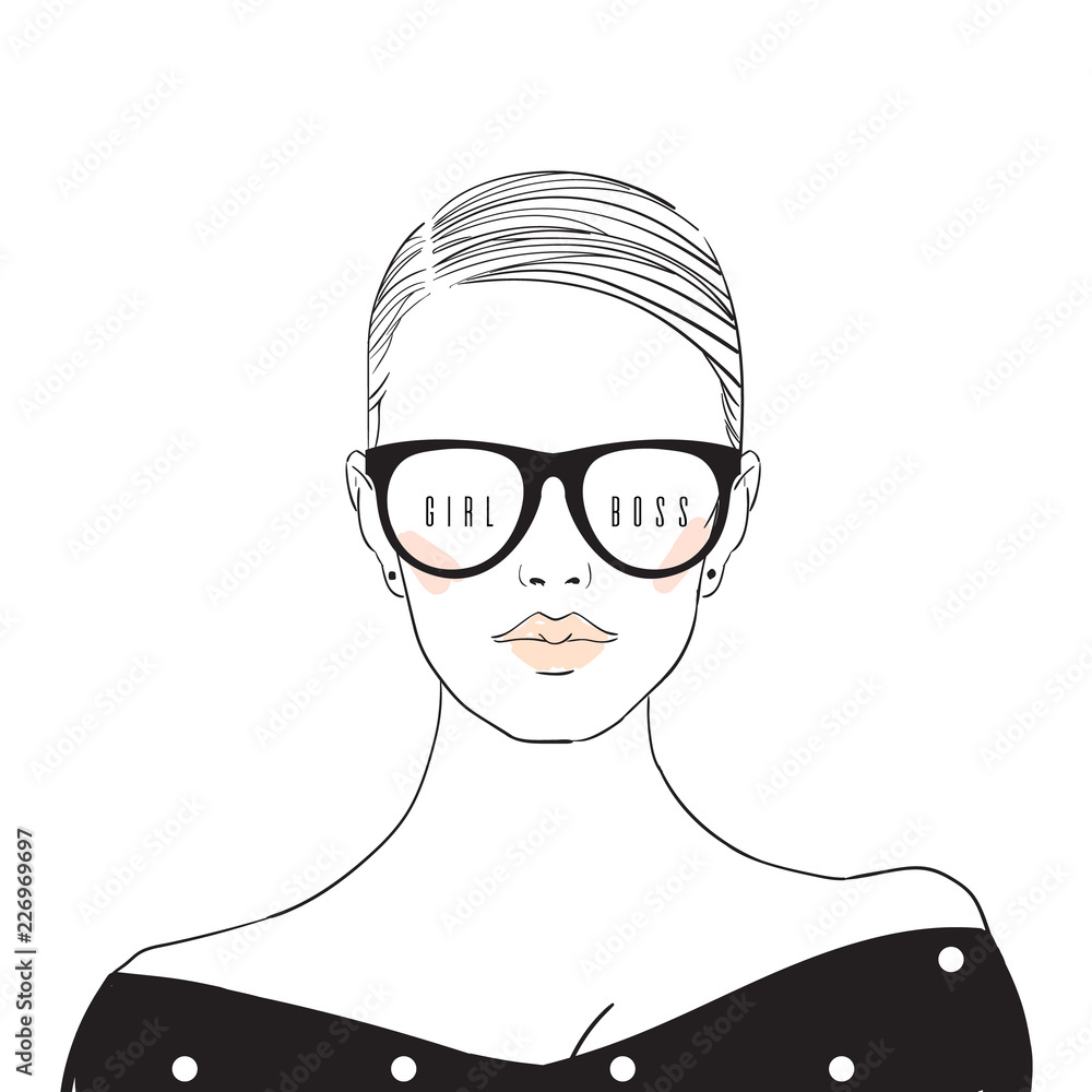 Premium Vector  Girl drawing black outline girl in glasses beautiful girl