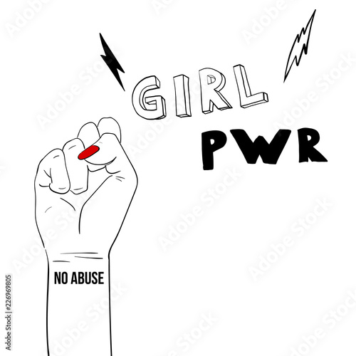 Fashion illustration. Woman's hand with fist raised up. Girl Power. Feminism concept. Realistic style illustration isolated on white. Sticker, patch graphic design. Girl power quote with female fist