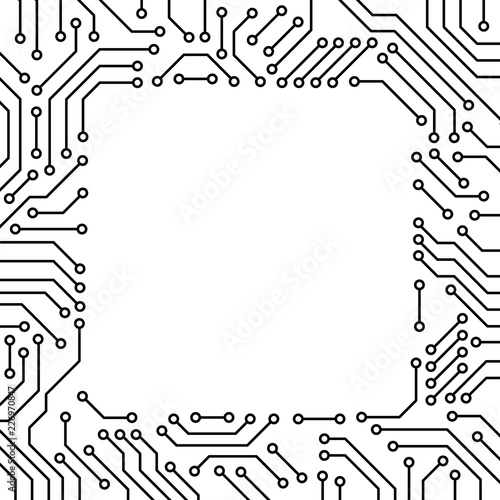 Printed circuit board black and white computer technology square frame template, vector