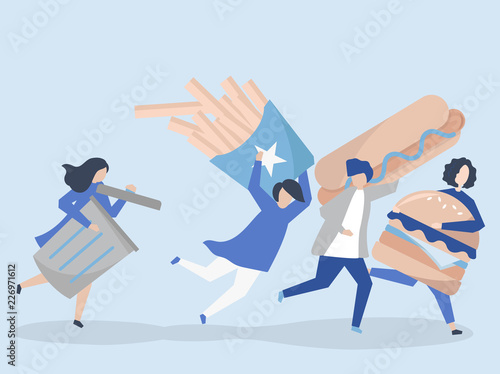 Junk food being chased by a trash can illustration