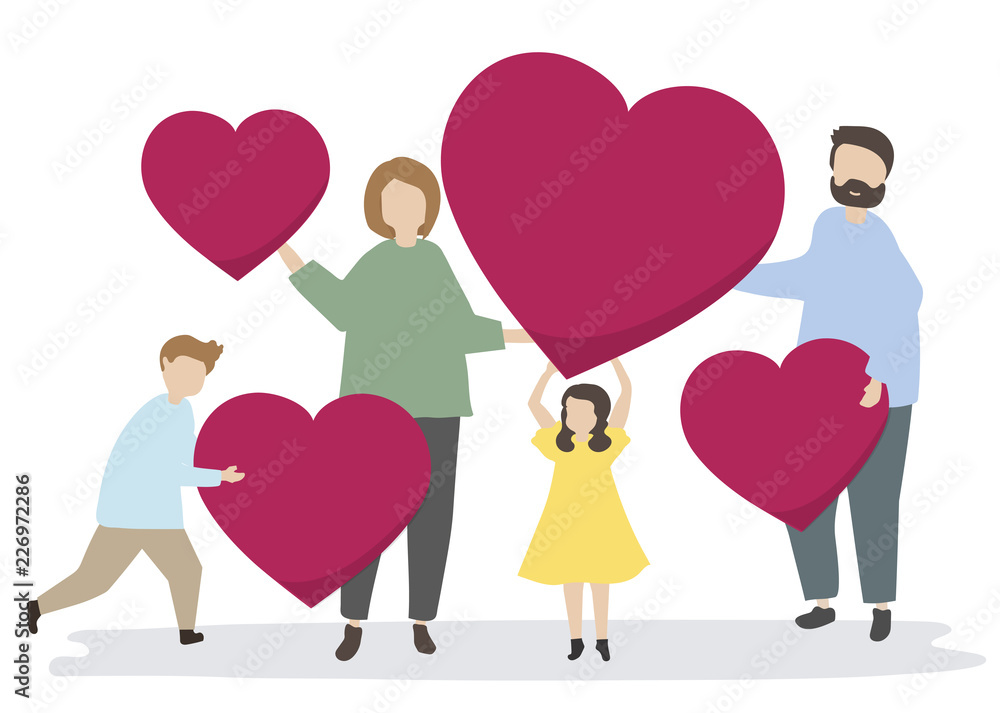 Happy family with red hearts