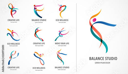 Abstract people logo design. Gym, fitness, running trainer vector colorful logo. Active Fitness, sport, dance web icon and symbol