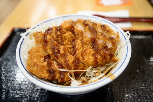 Tonkatsu donburi japanese fried pork rice bowl with special tonkatsu sauce