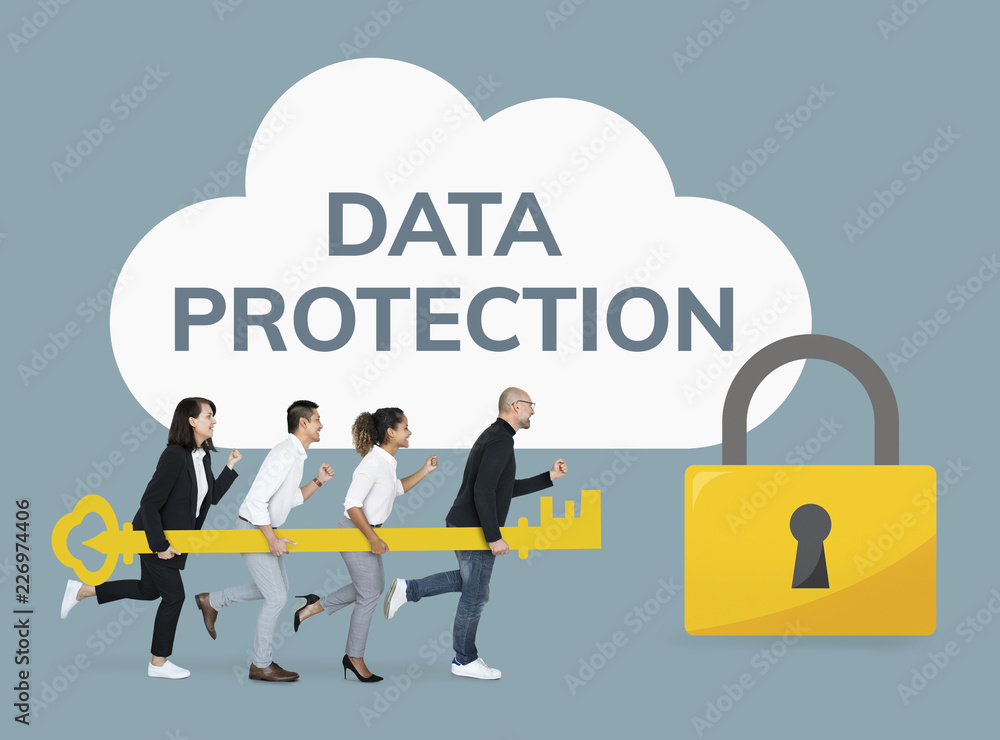 Business people showing data protection icons Business people showing data protection icons
