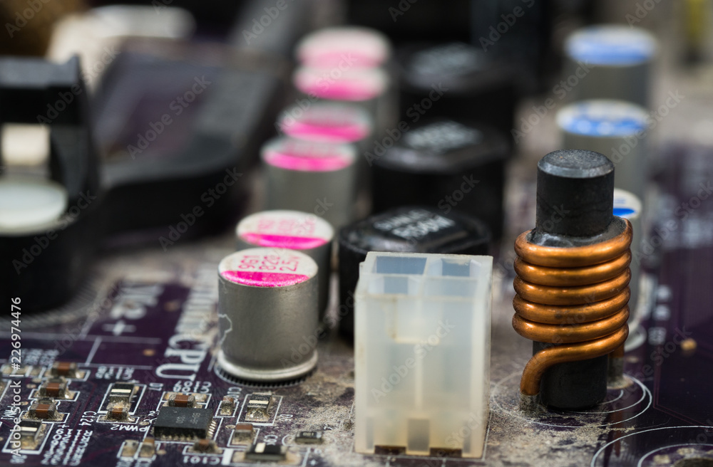 Old Motherboard Closeup. Concept Electronic waste Old Motherboard Closeup. Concept Electronic waste