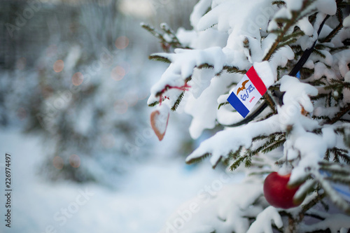 Iowa state flag. Christmas background outdoor. Christmas tree covered with snow and decorations and Iowa flag. New Year / Christmas holiday greeting card.