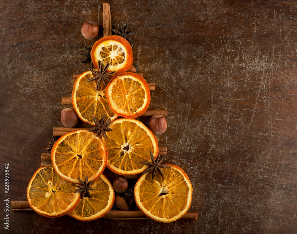 Christmas and New Year decoration tree gift and dried orange