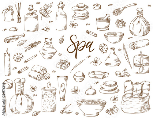 Spa treatment. Hand drawn elements on white background. Healthcare and beauty template for salon. Vector illustration