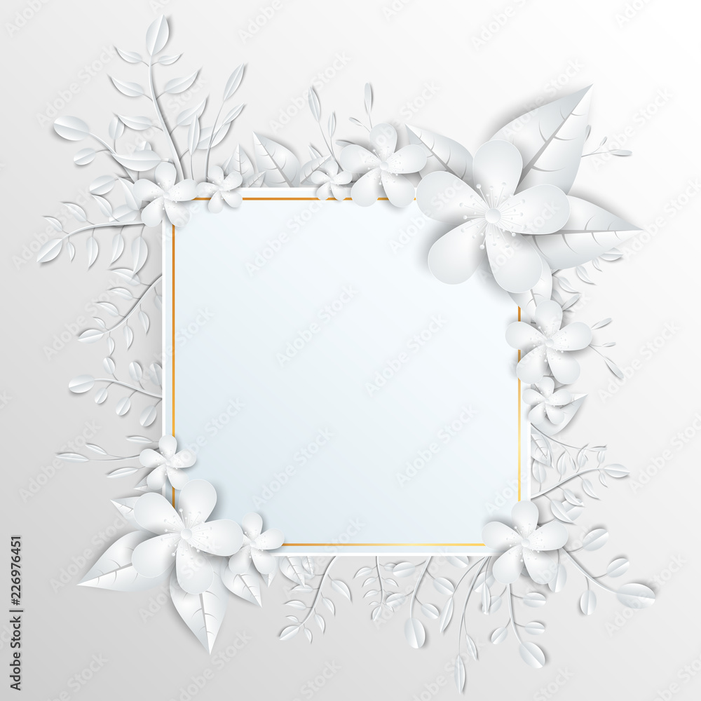 Fototapeta premium Speech frame with white cut out paper flowers