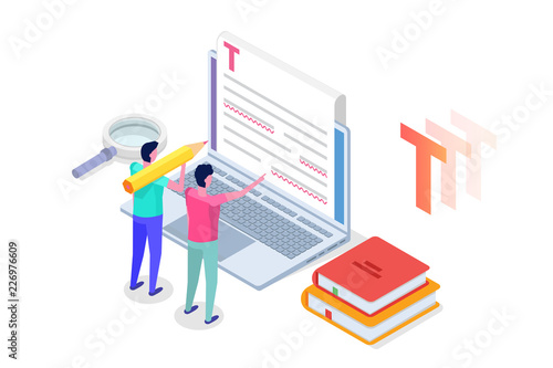 Editable online document. Creative writing and storytelling, copywriting . Online education, distant learningconcept. Isometric Vector illustration.