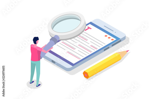 Editable online document. Creative writing and storytelling, copywriting . Online education, distant learningconcept. Isometric Vector illustration.