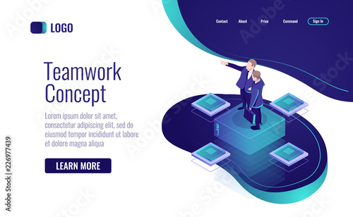 Teamworking in the business isometric icon, data management concept, mentor vector