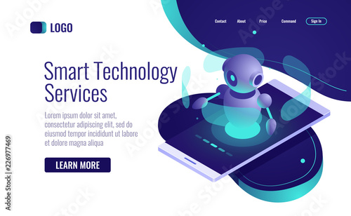 Smart technology icon isometric, artificial intelligence robot assistant, chatbot, data analysis