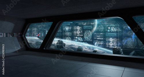 Fototapeta Naklejka Na Ścianę i Meble -  Dark spaceship interior with control panel digital screens 3D rendering