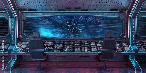 Fototapeta Naklejka Na Ścianę i Meble -  Grunge Spaceship interior with view on planet Earth 3D rendering