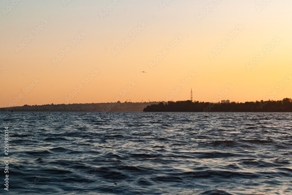 waves at sunset, Dnieper river, river landscape,