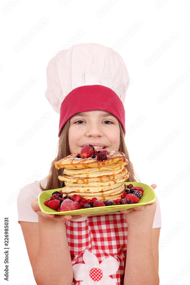 happy beautiful little girl cook with sweet pancakes happy beautiful little girl cook with sweet pancakes