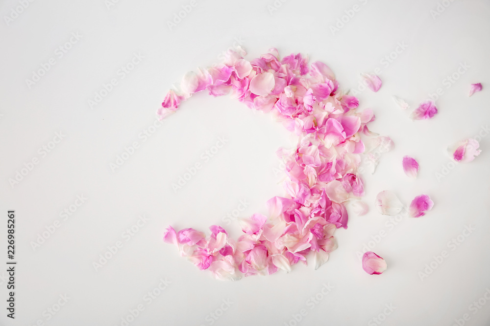 Half-moon made of flower petals on light background