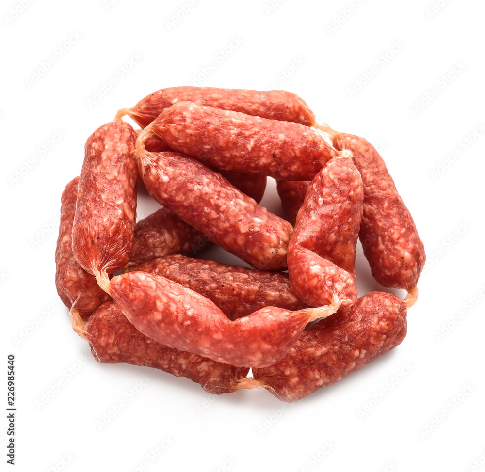 Delicious smoked sausage on white background Delicious smoked sausage on white background