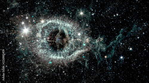 The Helix nebula, a cosmic starlet eerie resemblance to a giant eye on a background of a colorful universe, collage. Elements of this image furnished by NASA.