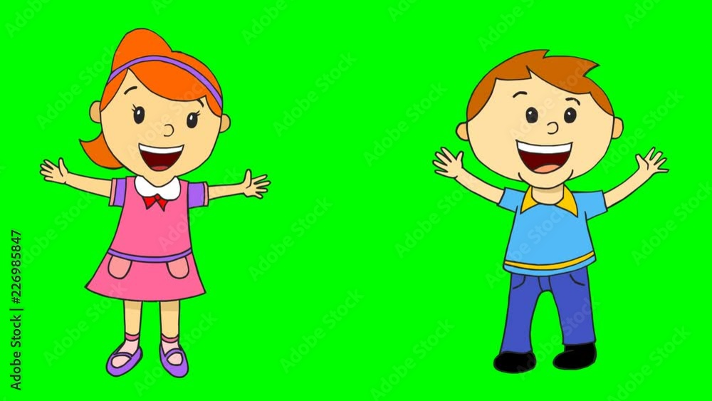 Happy Kids 2D Cartoon Characters on Green Screen Happy Kids 2D Cartoon Characters on Green Screen
