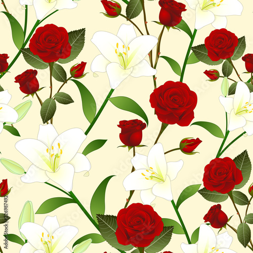 Red Rose and White Lily Flower Seamless Christmas Beige Ivory Background
