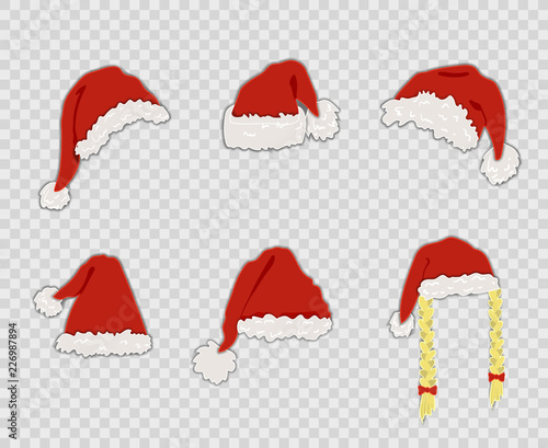 Vector Cartoon Santa Hats Set, Isolated on Transparent Background Decorative Christmas Elements.