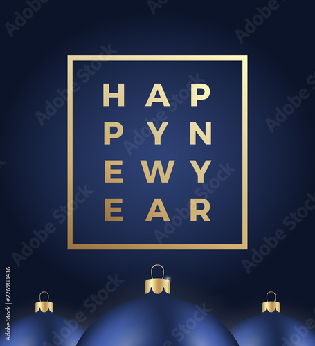 Happy New Year Abstract Vector Greeting Card or Poster. Modern Typography in a Frame. Blue Realistic Balls on Dark Background