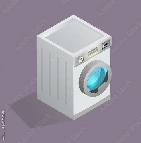 washing machine icon isolated on light back, isometric white realisitic clothes washer, single laundry washer object, washer on dark background