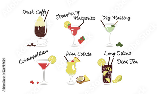 Alcoholic cocktails set, Irish coffee, Strawberry margarita, Dry martini, Cosmopolitan, Pina colada, Long island, Iced tea vector Illustration