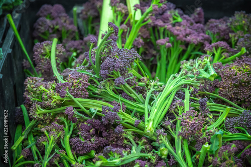 Fresh purple sprouting broccoli on display at Broadway Market in Hackney, East London