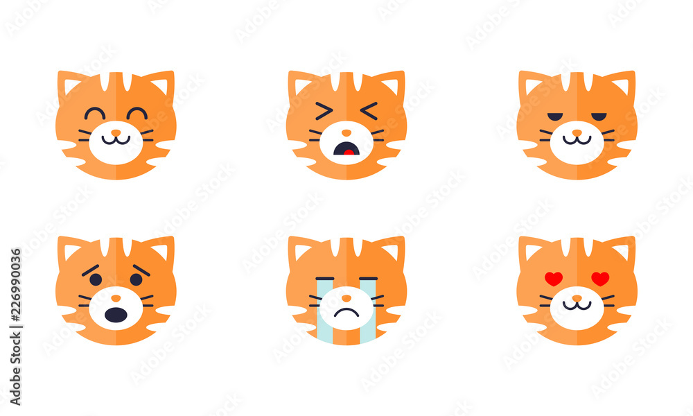 Tiger emoticon emoji set, cute animal face with various emotions vector Illustration on a white background Tiger emoticon emoji set, cute animal face with various emotions vector Illustration on a white background