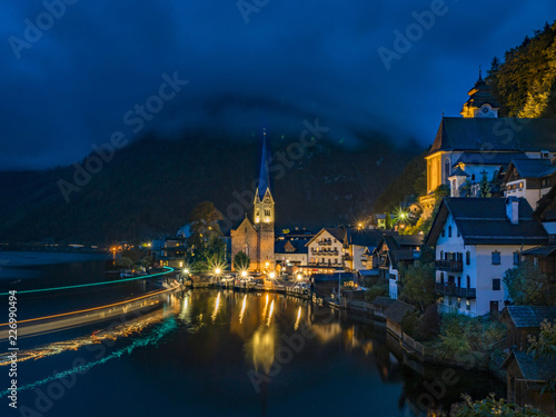 Village of Hallstatt at Night, Lake Hallstatt, Austria, Europe