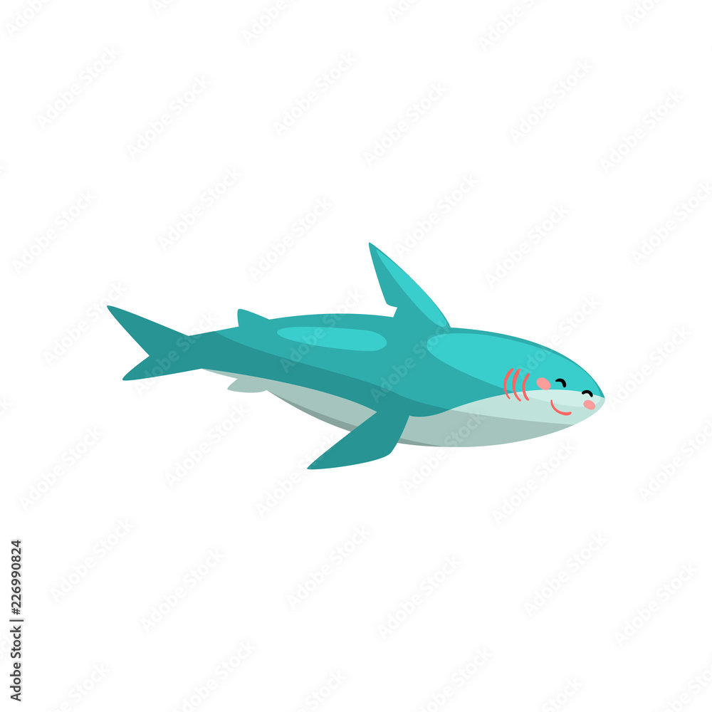 Cute blue shark cartoon character swimming vector Illustration on a white background