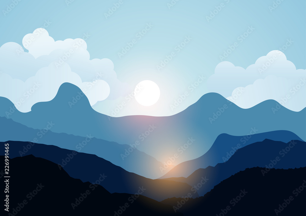 Vector landscape view with sunset