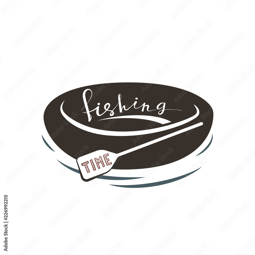 Rubber rowing boat with paddle. Black and white icon. Vector illustration. Fishing time symbol. Rubber rowing boat with paddle. Black and white icon. Vector illustration. Fishing time symbol.