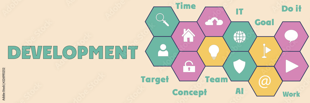 DEVELOPMENT Panoramic Hi tech banner with hexagons icons and tags DEVELOPMENT Panoramic Hi tech banner with hexagons icons and tags