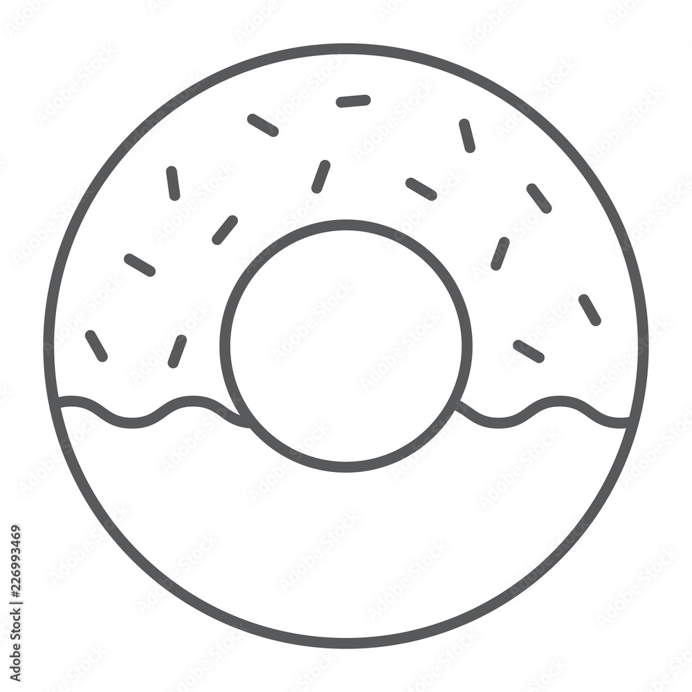Donut thin line icon, food and sweet, cake sign, vector graphics, a linear pattern on a white background. Donut thin line icon, food and sweet, cake sign, vector graphics, a linear pattern on a white background.