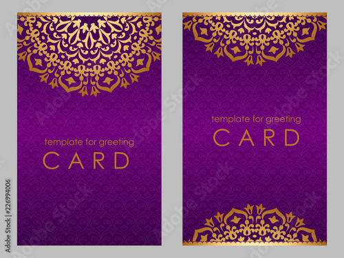 Greeting card golden ethnic patterns on violet background.