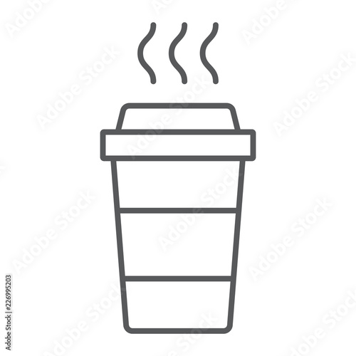 Coffee thin line icon, caffeine and drink, disposable cup sign, vector graphics, a linear pattern on a white background.