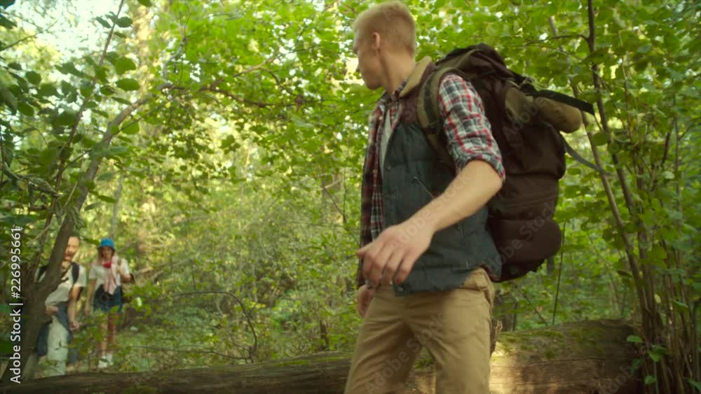 Group of hikers with backpacks walking in the forest Group of hikers with backpacks walking in the forest