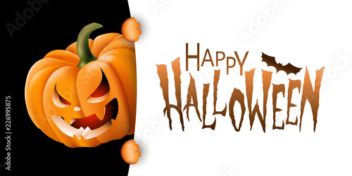 Halloween background with festive carved pumpkin and Happy Halloween text message. Vector illustration