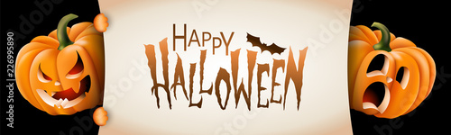 Halloween banner with funny scene between festive carved pumpkins and Happy Halloween text message. Vector illustration