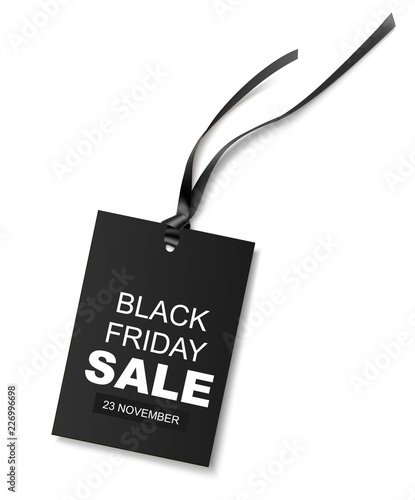 Decorative discount tag with long black ribbon isolated on white for Black Friday SALE design. Vector illustration