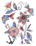 watercolor illustration, collection of stylized flowers and fish