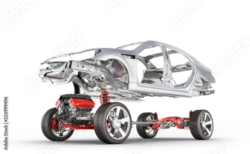 Body and suspension of the car with wheel and engine Undercarriage with bodycar in detail isolated on white gradient background 3d
