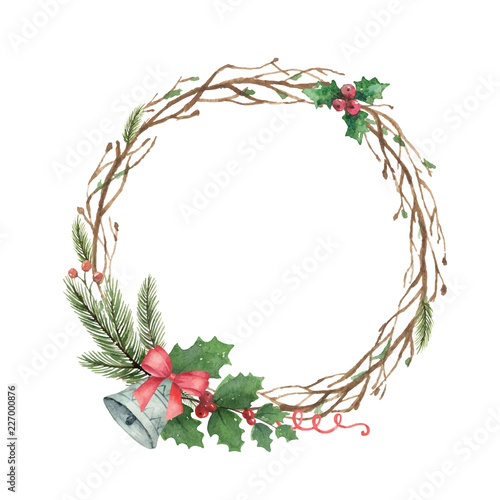 Watercolor vector Christmas wreath with fir branches and bell.