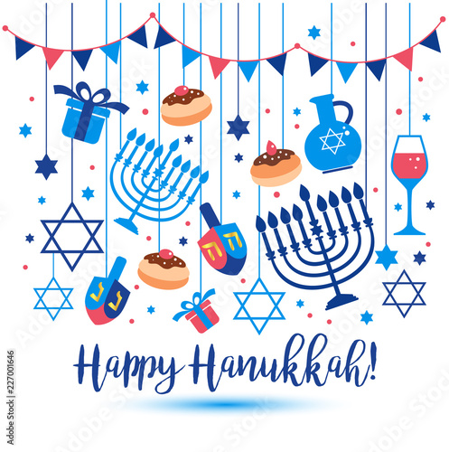 Jewish holiday Hanukkah greeting card traditional Chanukah symbols - wooden dreidels spinning top , Hebrew letters, donuts, menorah candles, oil jar, star David glowing lights illustration.