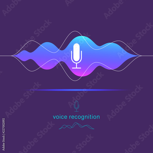 Vector flat voice recognition, personal assistant illustration with dynamic microphone icon and sound waves lines isolated on dark background.